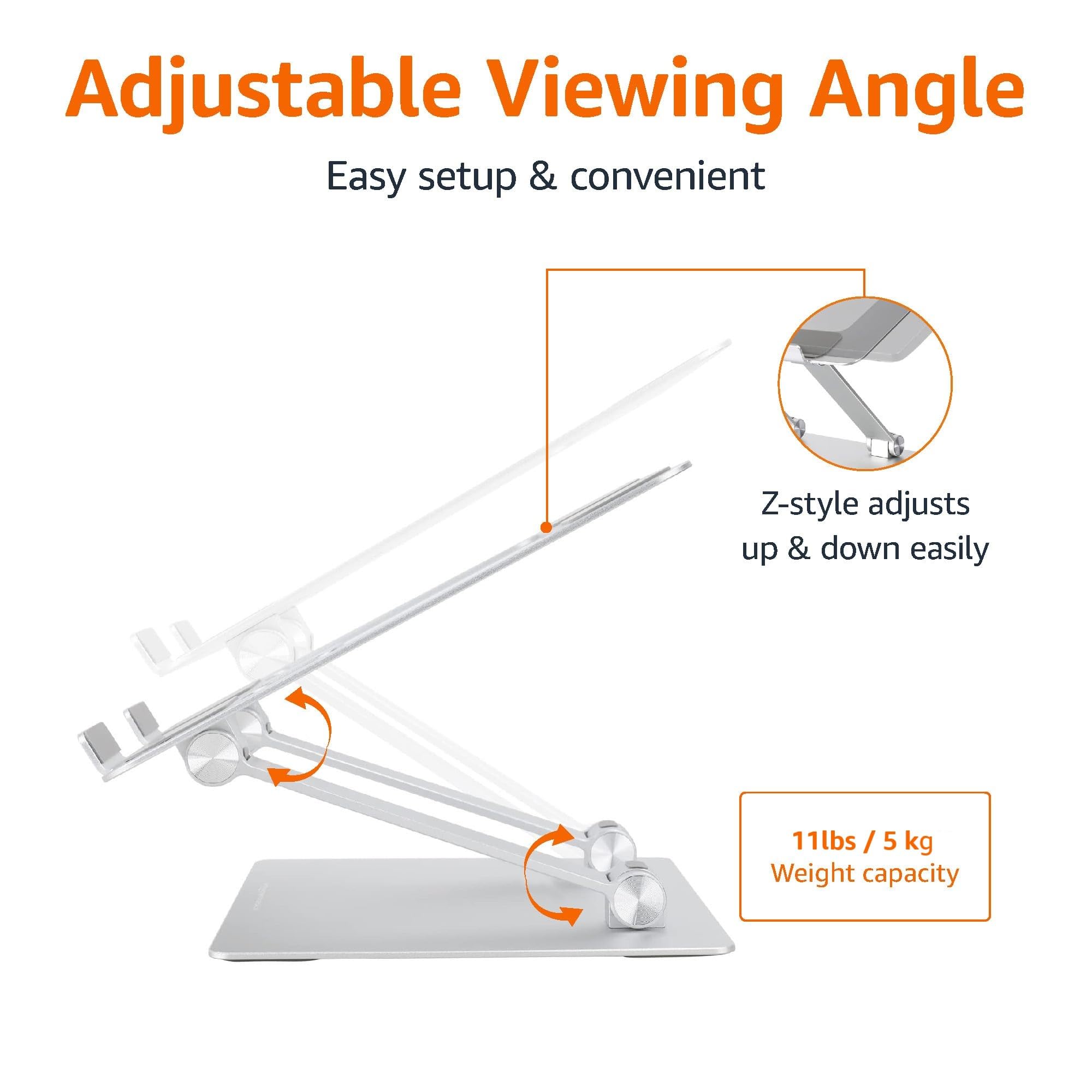 Amazon Basics - Laptop Stand for Desk, Portable and Adjustable Laptop Riser, Holds All Laptops and Notebook up to 17.3 Inch, 10 x 8.7 x 6 in, Silver
