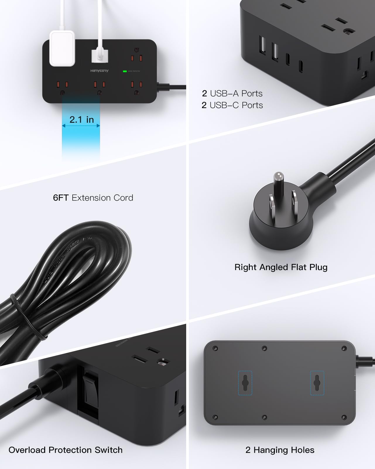 Power Strip Surge Protector with 12 Outlets 4 USB Ports(2 USB C), Black Flat Extension Cord 6 Feet, 1800J, Wall Mount, Desk Charging Station for Office Home College Dorm Room Essentials, ETL Listed