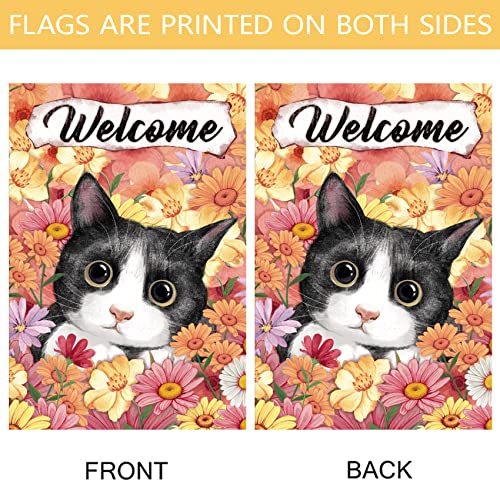 Morigins Welcome Floral Flowers Yard Flag Decorative Cute Kitty Spring Summer Double Sided House Flag 28x40 inch