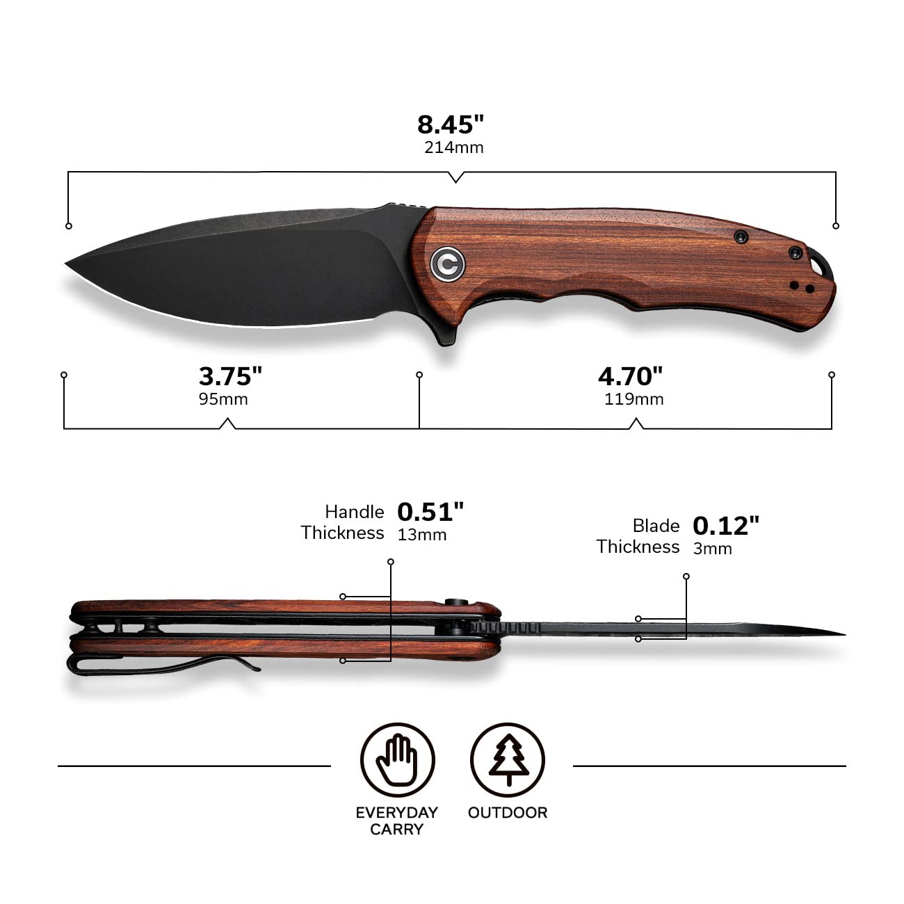 CIVIVI Folding Pocket Knife- Praxis Flipper Liner Lock Knife, 3.75" Black Stonewashed Blade with Cuibourtia Wood Handles, Reversible Clip for Everyday Carry Outdoor Use C803H