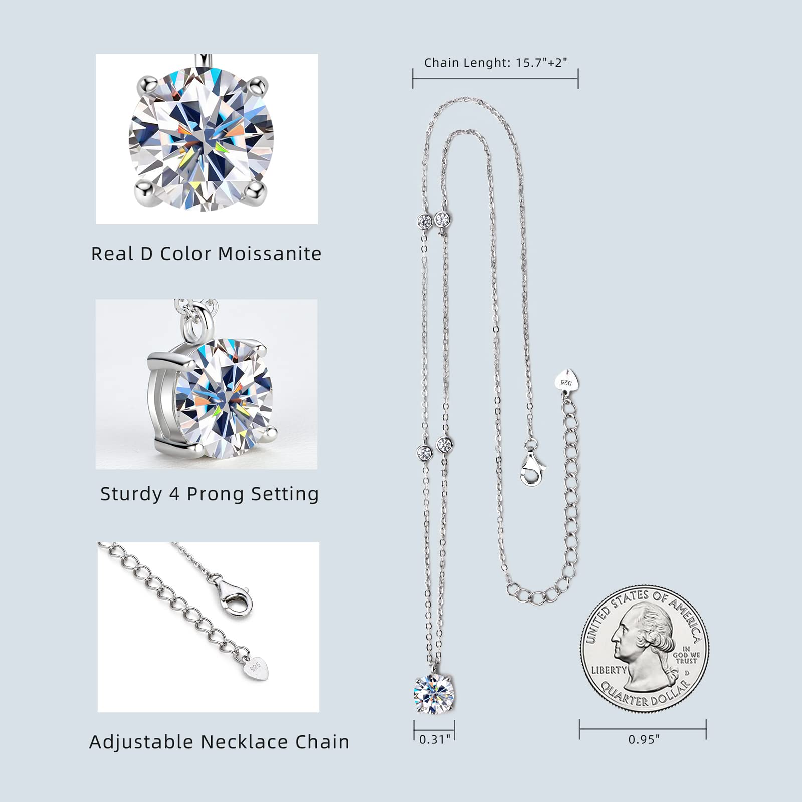 Moissanite Necklace for Women, 2 CT Moissanite Station Pendant 925 Sterling Silver Diamond Necklaces Round D Color VVS1 Clarity White Gold Plated Necklaces Gifts for Her