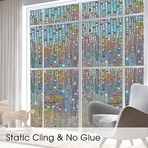Beautysaid Window Privacy Film Stained Glass 3D Rainbow Prism Window Clings Heat Blocking Window Tint Sun Catchers Peel and Stick Decorative Window Decals Home Bathroom Door(Pure,35.4x118 in)