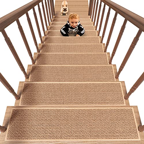PADOOR Non Slip Stair-Treads, Rubber Backing Stair-Runners for Wooden Steps, 1PCS Residue Free Carpet Stair Treads for Kids and Dogs 8"x30" Beige