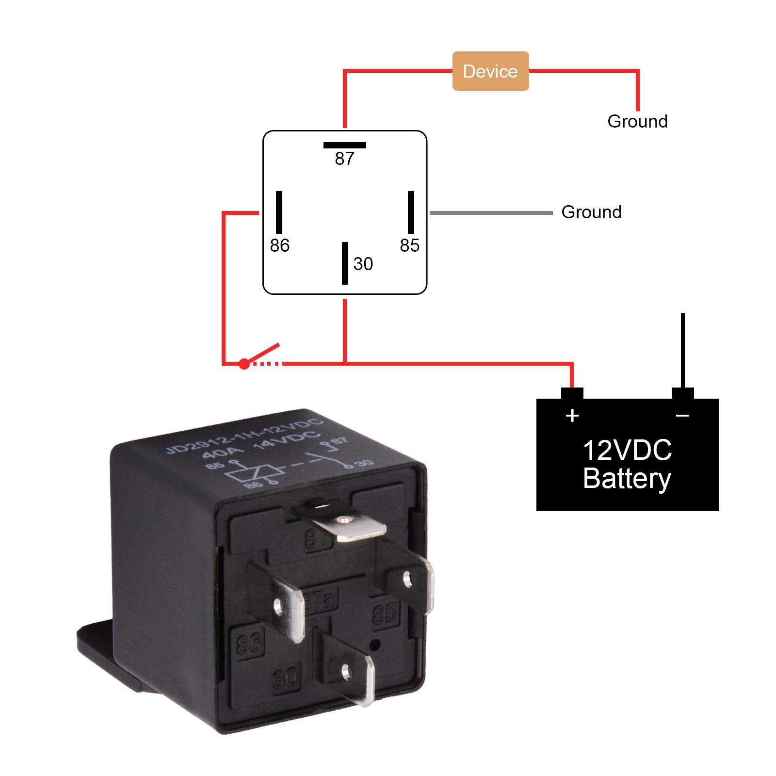 EHDIS Car Relay 4 Pin 12v 40amp Spst Model No.: JD2912-1H-12VDC 40A 14VDC, Auto Switches & Starters,Pack of 2