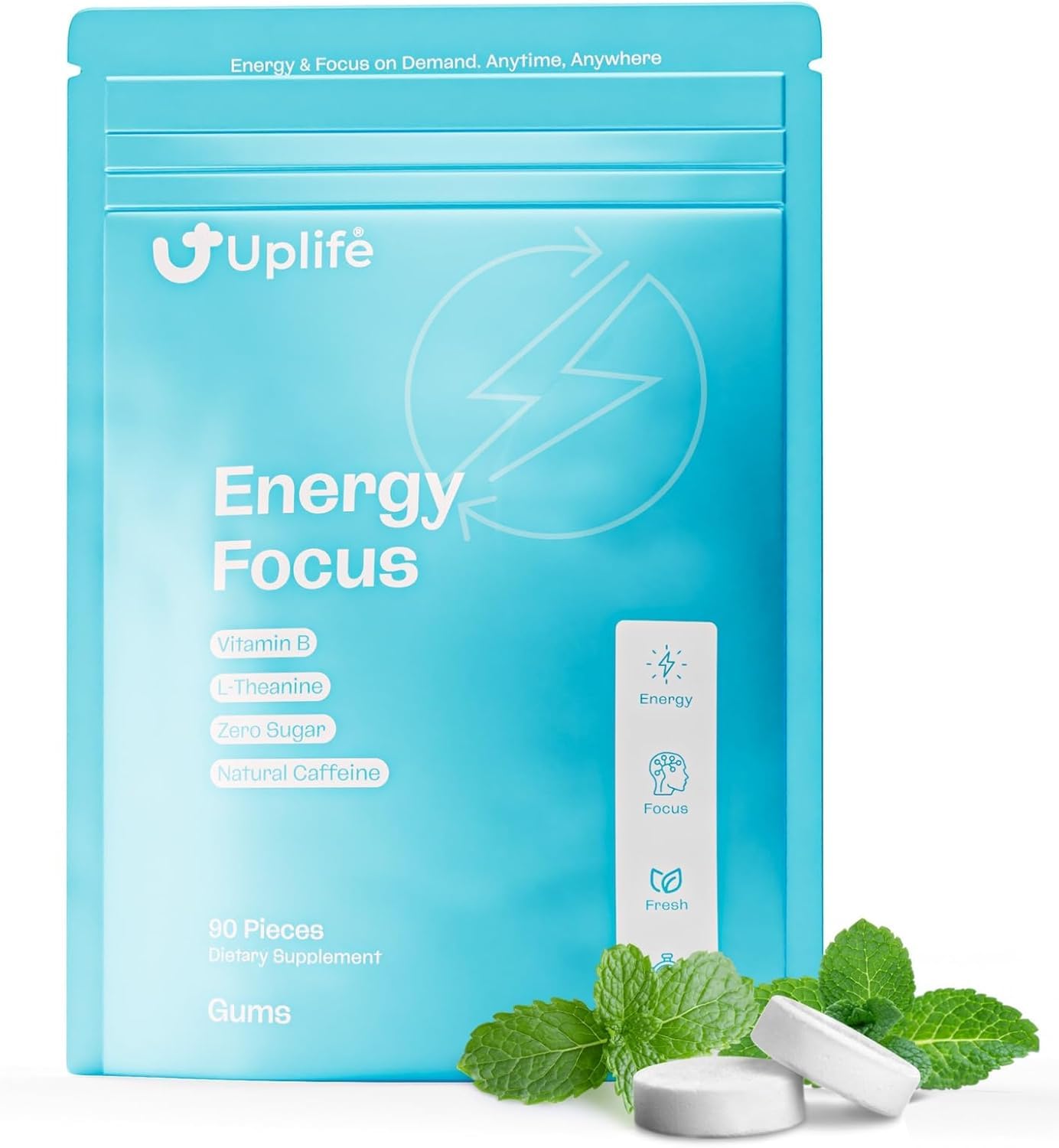 UPLIFE Energy and Focus Gum 90 Pcs – Made in USA - Peppermint Gum Flavor – Natural Caffeine Gum Coffee Alternative - Organic Gum with 40mg Caffeine + 80mg L-Theanine + B3 & B12 - Suger Free, Non GMO