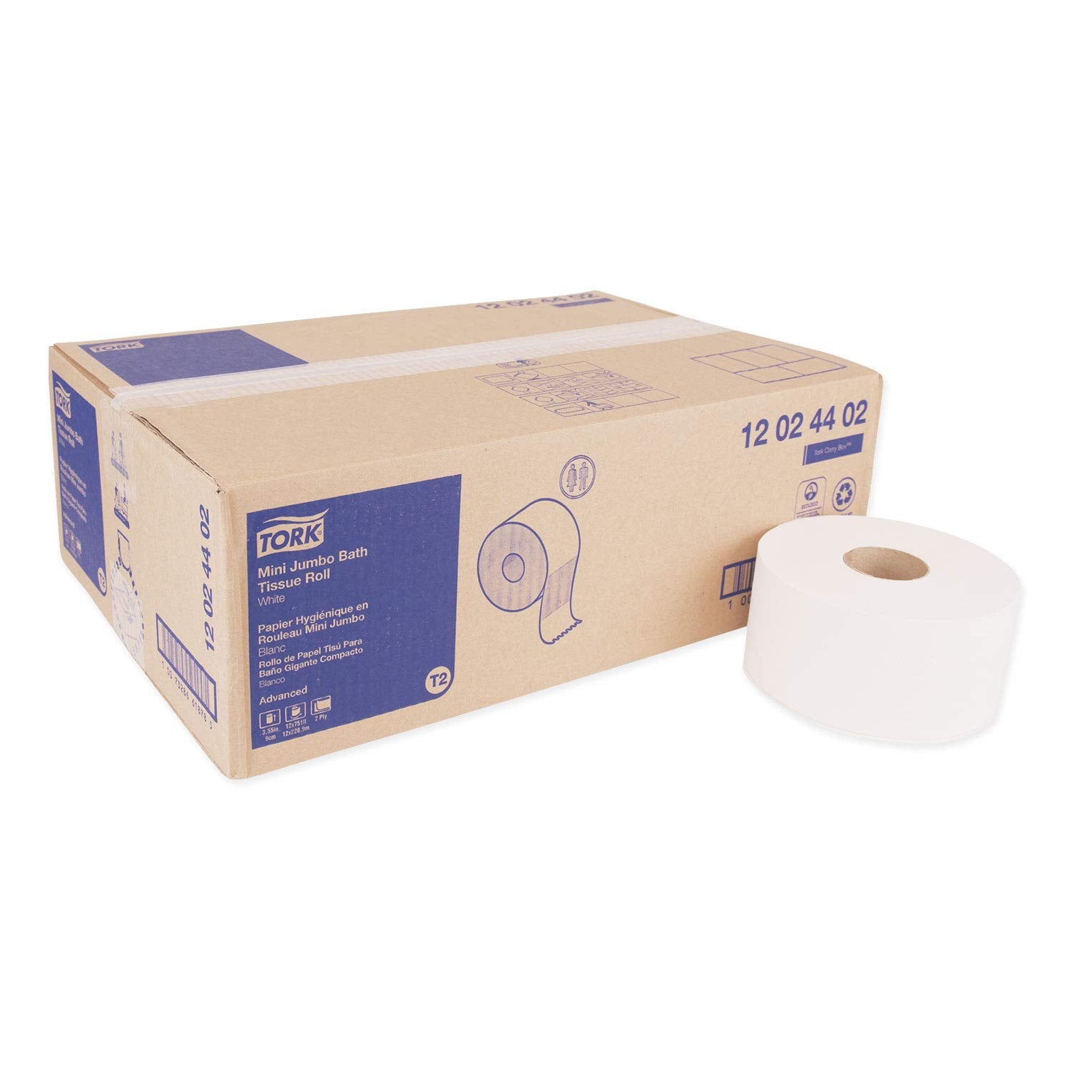 Tork 12024402 Mini-Jumbo Roll Bath Tissue, Septic Safe, White, 2-Ply, White, Rolls/CT