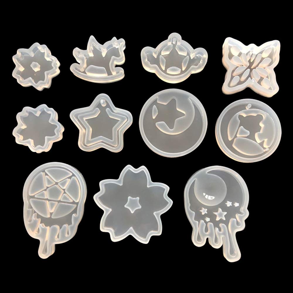 11 Pack Resin Silicone Casting Molds Trays for DIY Jewelry Craft Making, Including Butterfly Cherry Blossom Wooden Horse Sailor Moon and Star Moon Molds