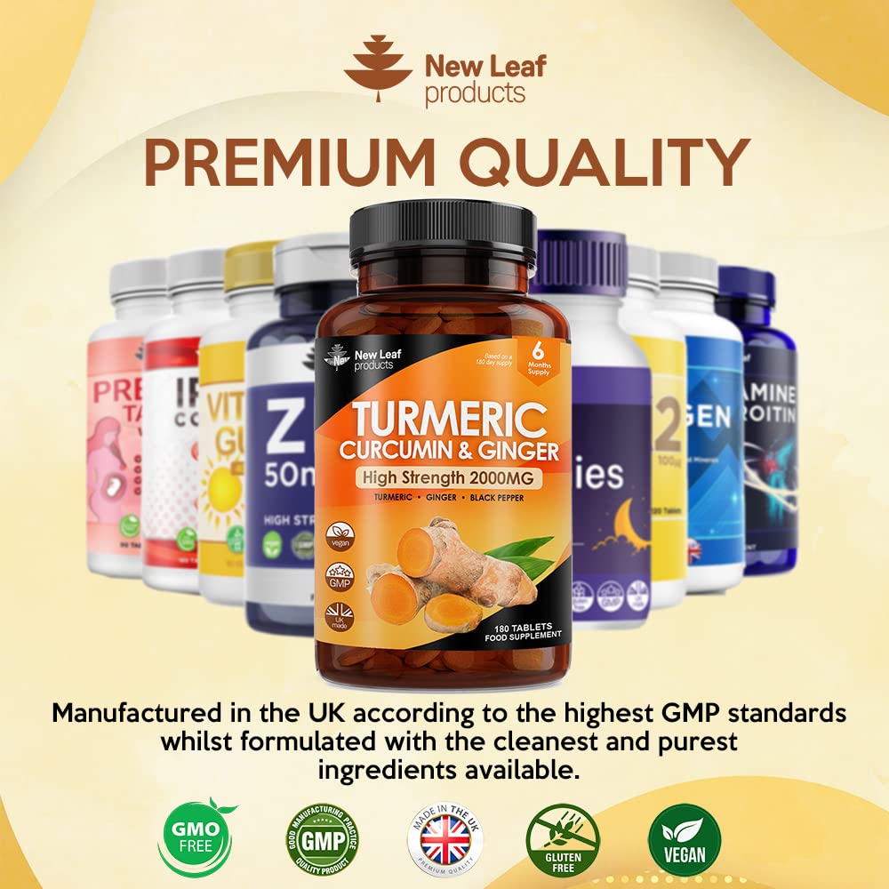 Turmeric Tablets 2600mg with Black Pepper & Ginger - 95% Curcumin Extract 180 and (3 Month) High Strength Active Supplements Not Capsules,by New Leaf