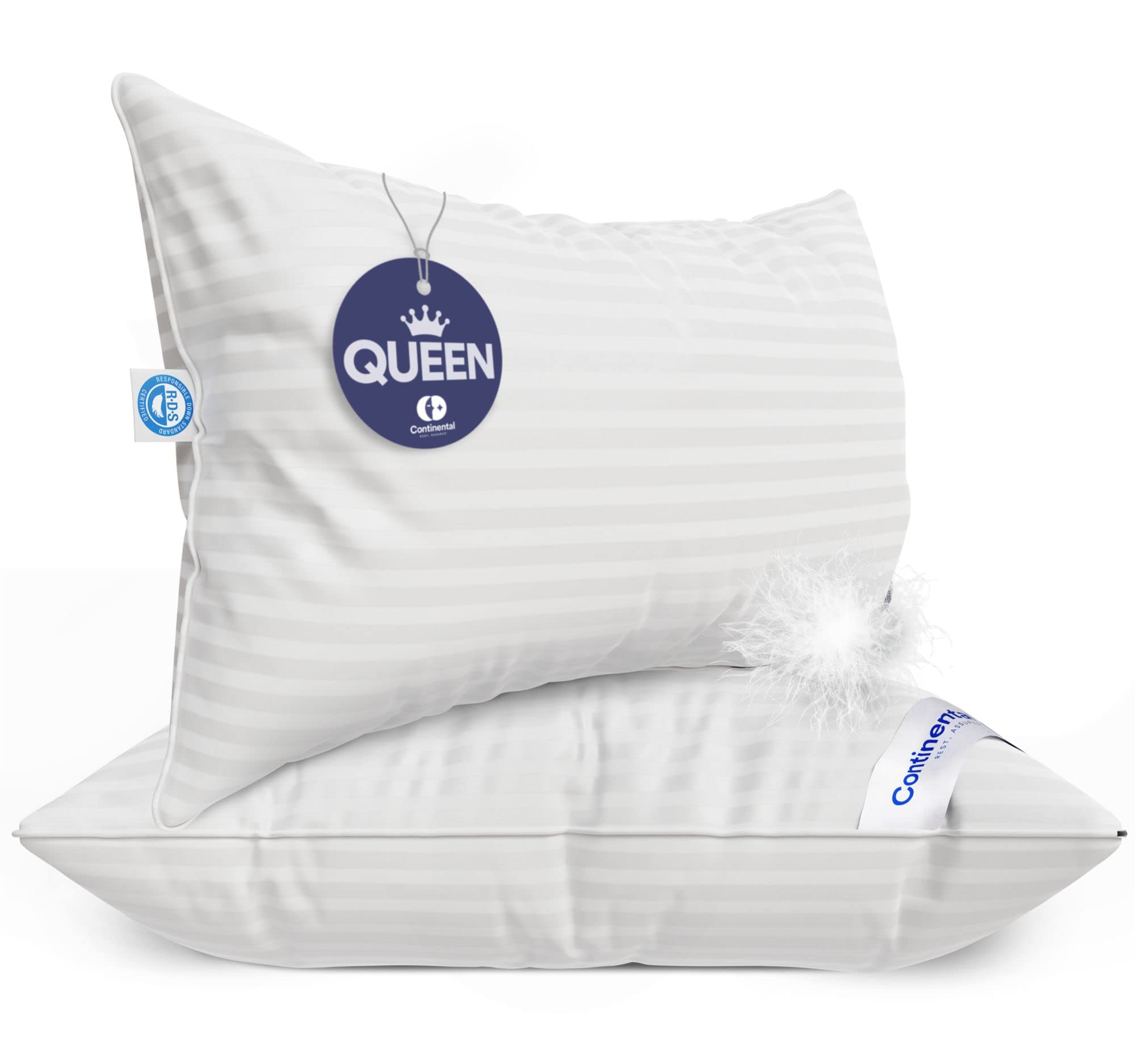 Continental Bedding | Serenity Goose Down Pillow | 700 Fill Power Hungarian White Down | 400TC Cotton Damask Shell | Made in USA | Medium, Queen (Pack of 2), 2 Count