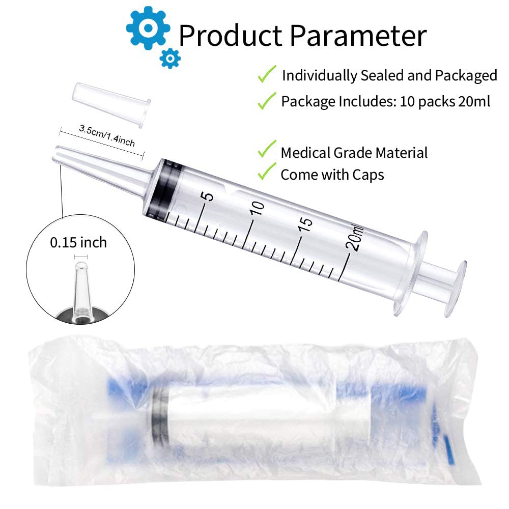 10 Pack 20ml/cc Plastic Syringe Large Syringes Tools Catheter Tip Individually Sealed with Measurement for Scientific Labs, Measuring Liquids, Feeding Pets, Oil or Glue Applicator