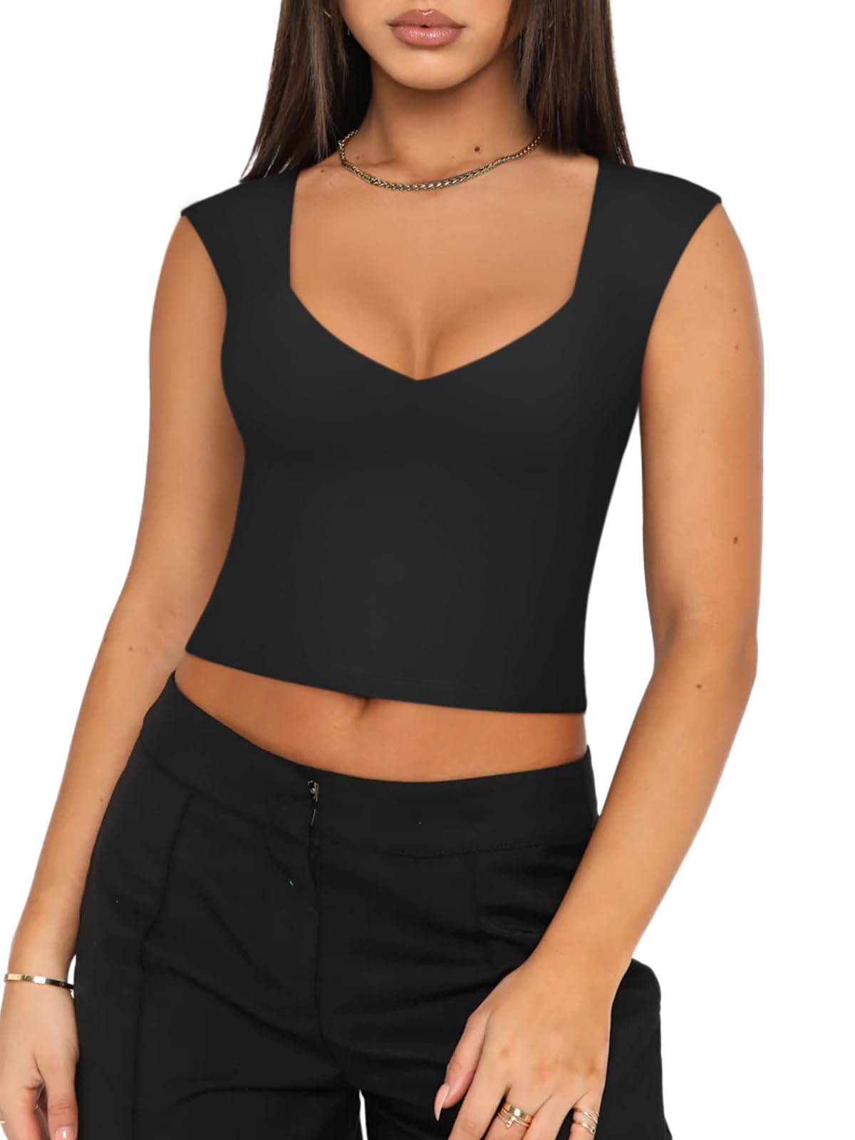 REORIA Women's Summer Sexy Casual V Neck Double Lined Seamless Sleeveless Slimming Going Out Trendy Basic Crop Tank Top Tees Black Medium