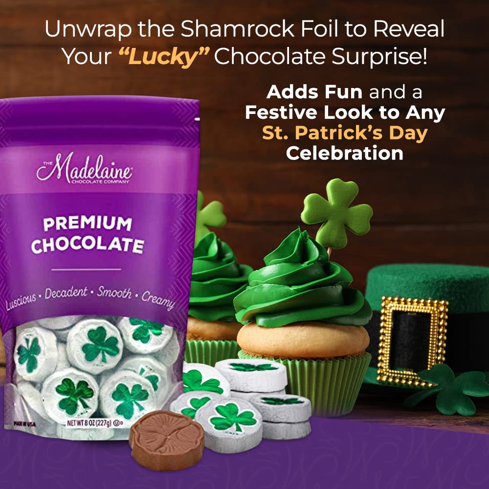 Madelaine St. Patrick's Day Solid Premium Milk Chocolate Shamrocks - ½ LB Bag Individually Wrapped Chocolate Pieces in Matte White Foil with Green Shamrock - St. Patrick's Day Treats for Everyone