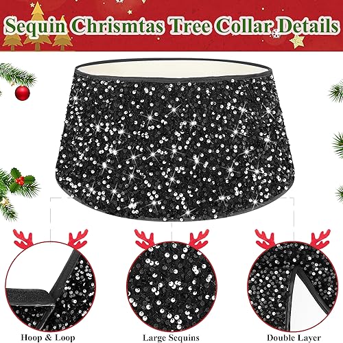 MODFUNS Sequin Christmas Tree Collar Black Glitter Christmas Tree Stand Base 24 Inch Velvet Tree Collar Skirt Sequins Xmas Tree Ring Shimmer Sequin Tree Skirt for Winter Holiday Christmas Tree Basket