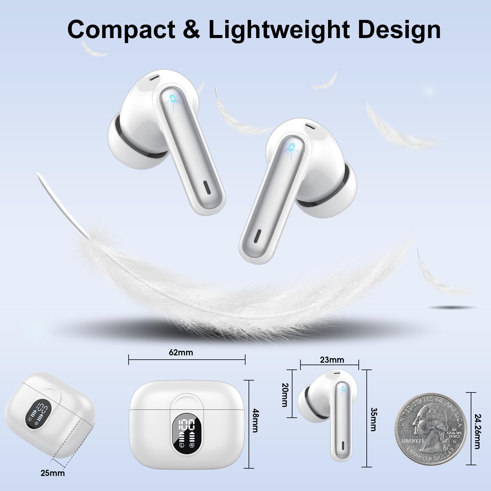 Wireless Earbuds, 2024 Bluetooth Headphones 5.3 HiFi Stereo Earphones, 40H Playtime in-Ear Earbud, Bluetooth Earbud with LED Power Display, IP7 Waterproof Earphones Sport Headset for Android iOS