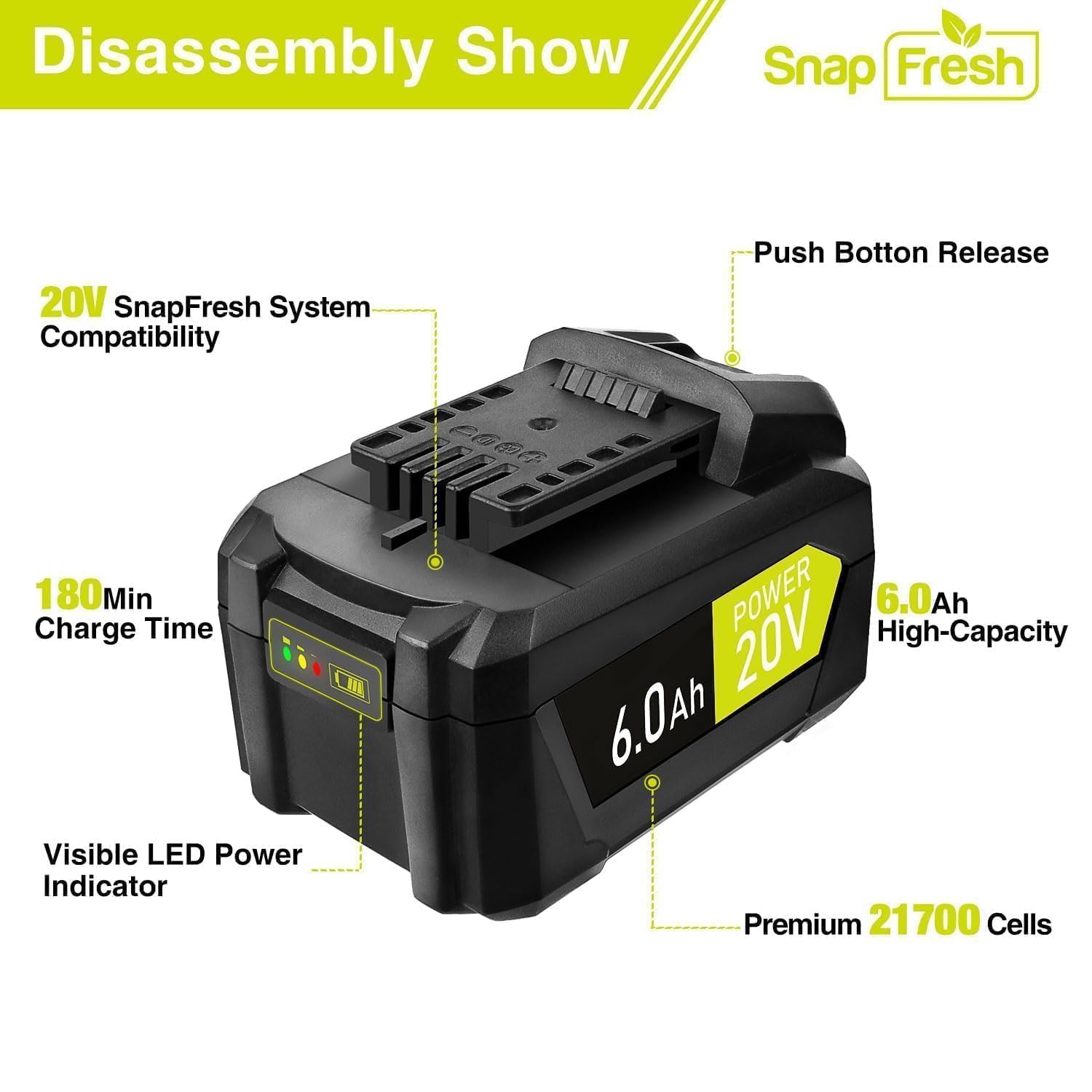 SnapFresh 20V 6.0Ah Li-ion Battery, (Not Compatible with Other Brands), Lithium-Ion Battery Support Fast Charging(BBT-DC60A)