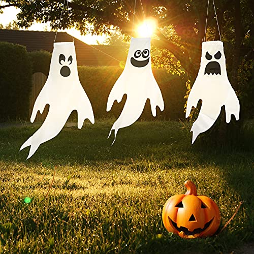 JOYIN 3 Pcs Ghost Windsocks Halloween Decorations Outdoor Decor, White Hanging Windsock Haunted House Front Porch Tree Party Supplies Garden Yard Lawn Patio