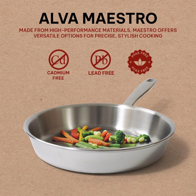 Alva Maestro Stainless Steel Frying Pan 8" - Oven Safe and Made without PFAS, PFOA & PTFE - Induction and All Stovetop Compatible with Even Heat Distribution