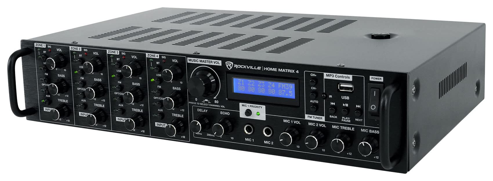Rockville Home Matrix 4 600W Multi Room Receiver/Amplifier, 8-Channel (4 Zones), Bluetooth, USB, Optical, Coaxial, RCA, Mic Inputs