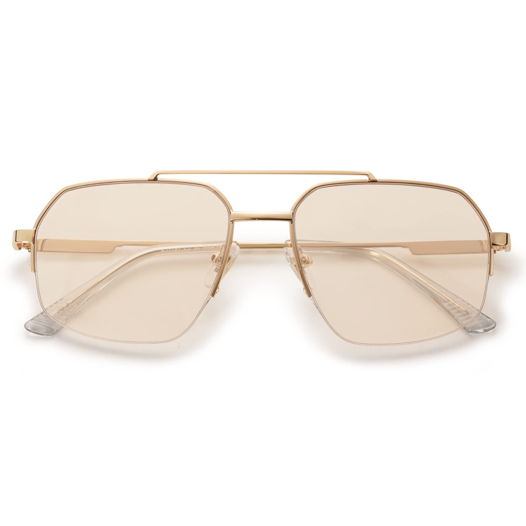 SOJOS Trendy Aviator Sunglasses Mens Womens Retro Double Bridge Metal Frame Semi-Rimless Shades Lentes De Sol Para Mujer SJ1191 Metallic