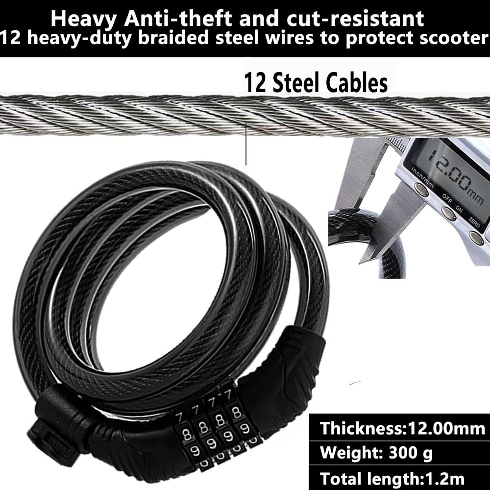 E Scooter Lock,Bike Lock Combination Lock Cable Compatible for Xiaomi M365/Max/GXL/Ninebot/Segway Scooter/Moto/Bicycle Lock 4ft Long/0.472In Scooter Anti-Theft Ideal Lock 4-Digit/12 Metal Cables Lock