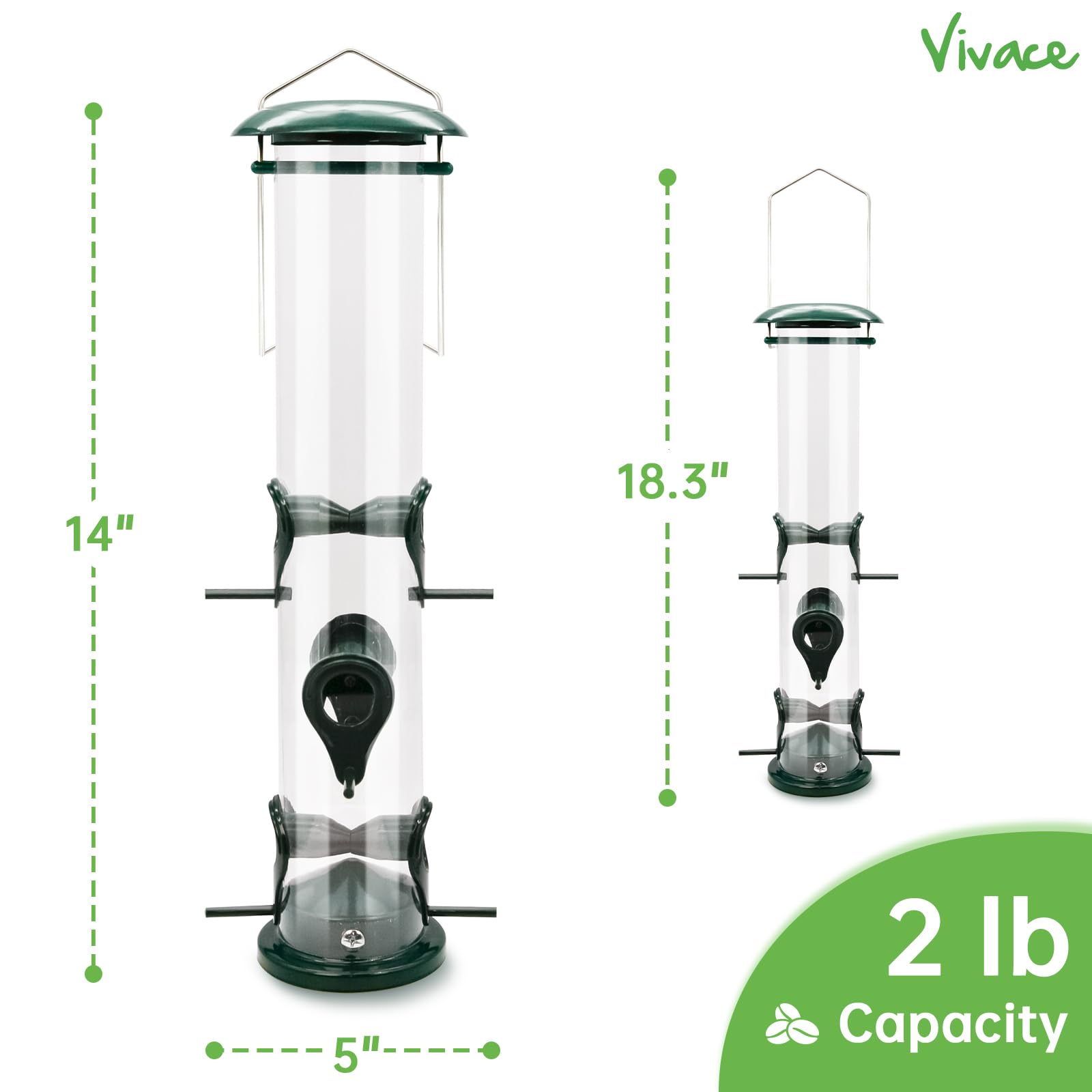 Vivace Bird Feeder, 2 Pack Classic Tube Bird Feeders for Outdoors Hanging Bird Feeder with 6 Feeding Ports, 2LB Seed Capacity Wild Bird Feeders, 14Inches,Premium
