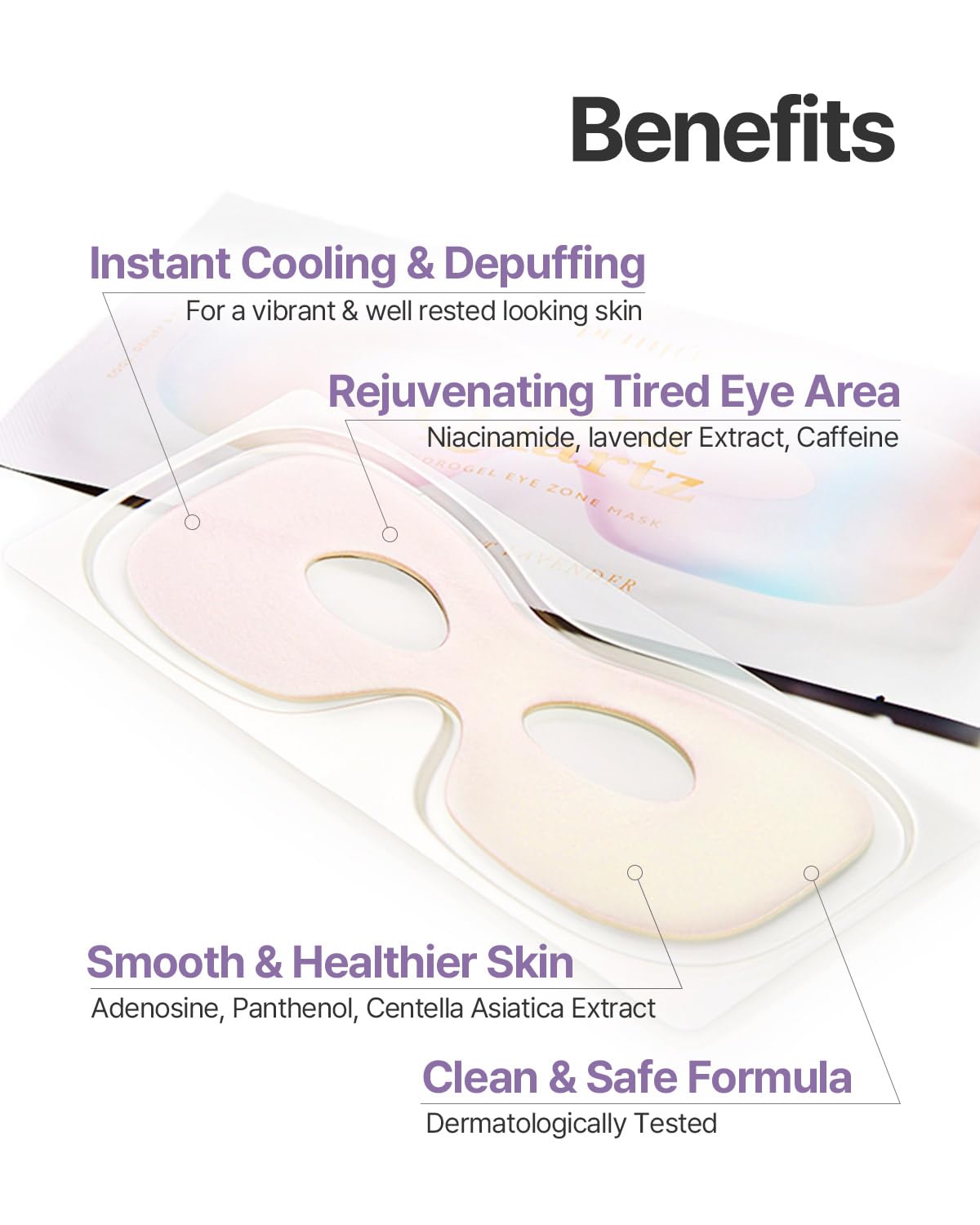 Petitfee Aura Quartz Hydrogel Eye Zone Mask 5ea (9g*5) - Lavender Mask for Entire Eye Area, Instant Cooling, Puffiness, Morning Quick Care, Rejuvenating Tired Skin, Brighter Complexion
