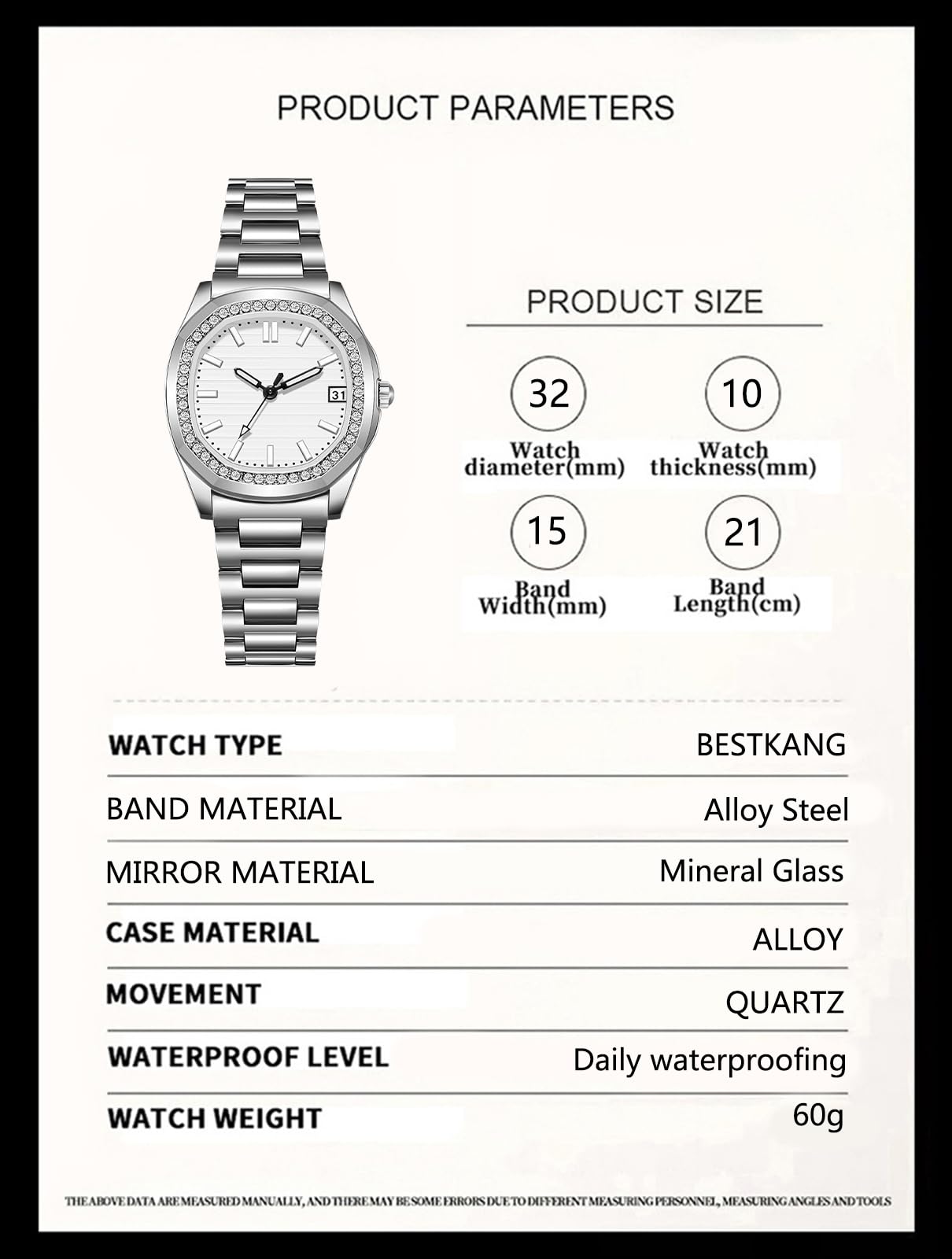 BESTKANG Luxury Women's Watch Date Luminous Waterproof Analog Quartz Dainty Watches for Women (Silver White)