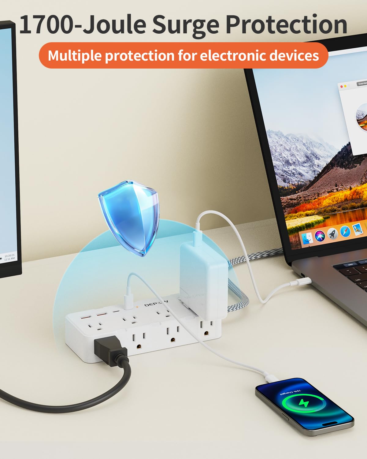 DEPOW Power Strip Surge Protector with 5FT Braided Flat Extension Cord, Wall Mount Charging Station with 8 Outlets 4 USB Ports(2 USB C), Ultra Thin Flat Plug for Home Office, Dorm, Hotel, Travel