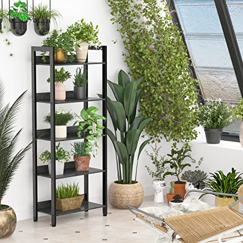 Furologee 5-Tier Bookshelf, Tall Bookcase with 2 Storage Drawers, Industrial Display Standing Shelf Units, Wood and Metal Storage Shelf for Living Room, Bedroom, Home Office, Black Oak