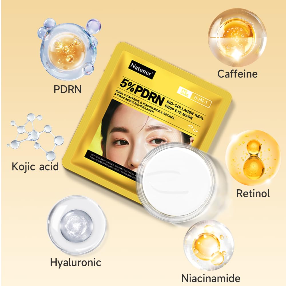 4 Pairs 5% PDRN Under Eye Patches, 6-in-1 Bio-Collagen 360° Eye Patches for puffy eyes, dark circles & Wrinkle | 2% Caffeine, Kojic acid, Retinol, Hyaluronic, Niacinamide | Korean Popular Eye Mask