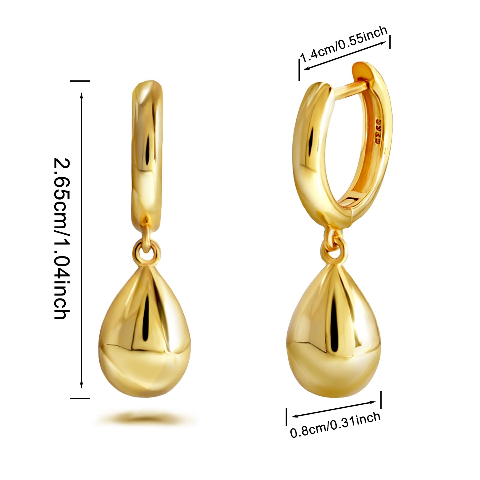 ELEDUCTMON Teardrop Gold Dangle Earring, Sterling Silver, Hypoallergenic, Lightweight, Minimalist Fashion Hoop Earrings, Trendy Gifts for Her, Valentine's Day, Christmas, Birthday
