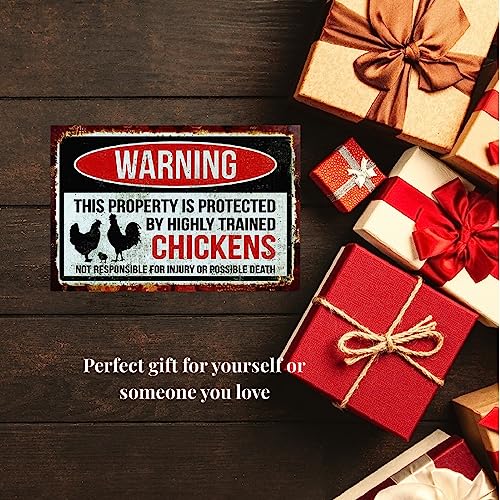 Funny Chicken Sign, Metal Chicken Coop Tin Signs, This property is protected by chickens, Yard Sign Garage Farm Garden Wall Decor Sign Plaque Outdoor for Home Fence 8 X 12 Inches