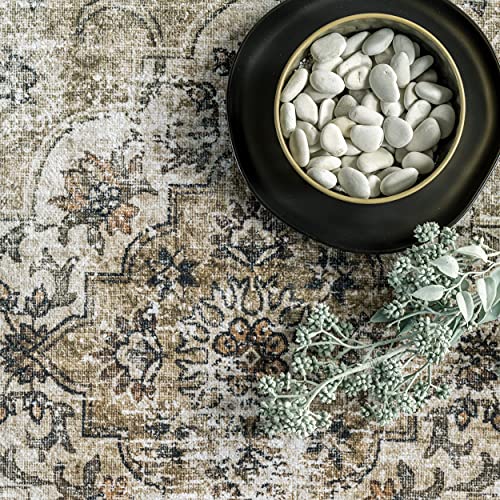 nuLOOM Paisley Machine Washable Faded Floral Border Medallion Ultra Thin Area Rug, 3' x 5', Light Pink