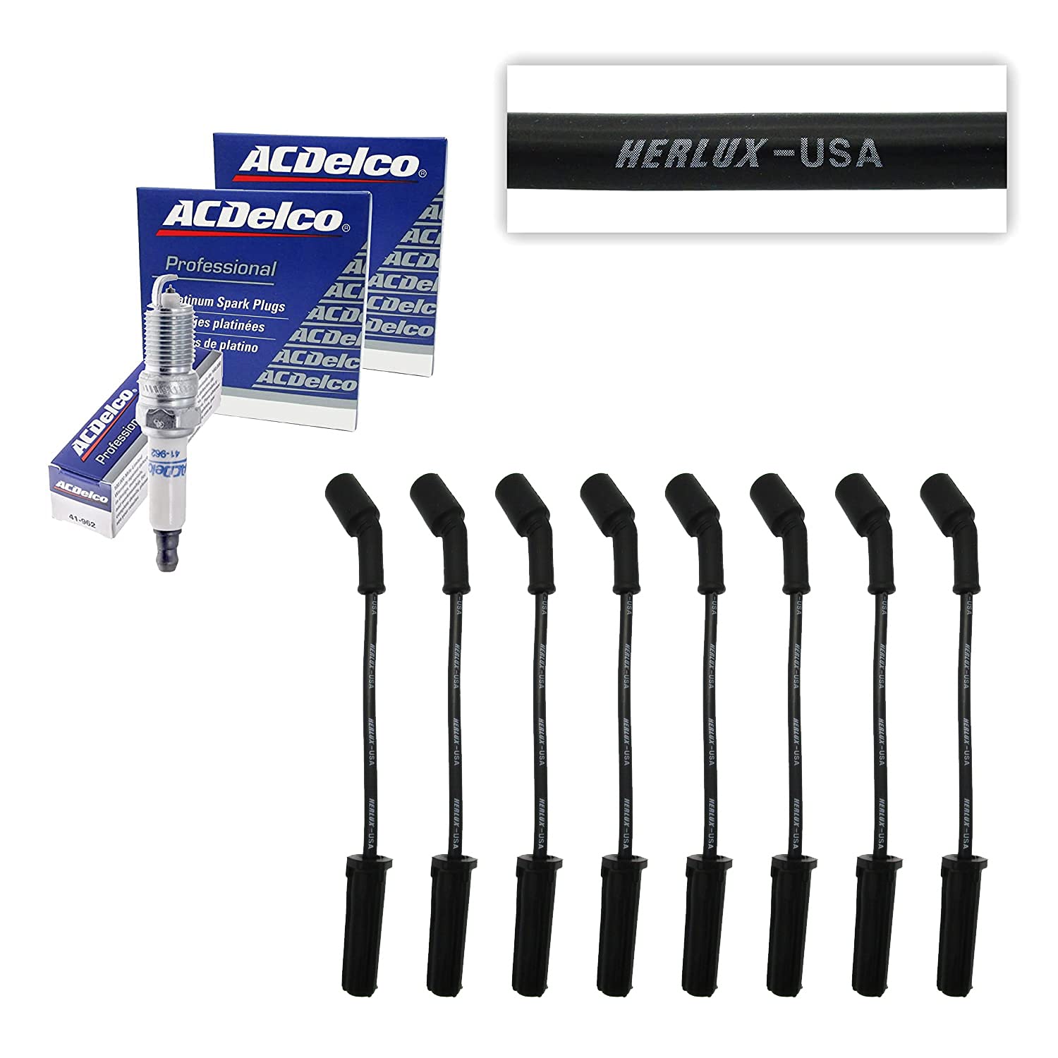 8 ACD-OEM Spark Plugs 41-962 + 8 Herlux Spark Plug Wires For LS2 LS3 LS4 LS7 Engines Compatible with 9748HH 41-110