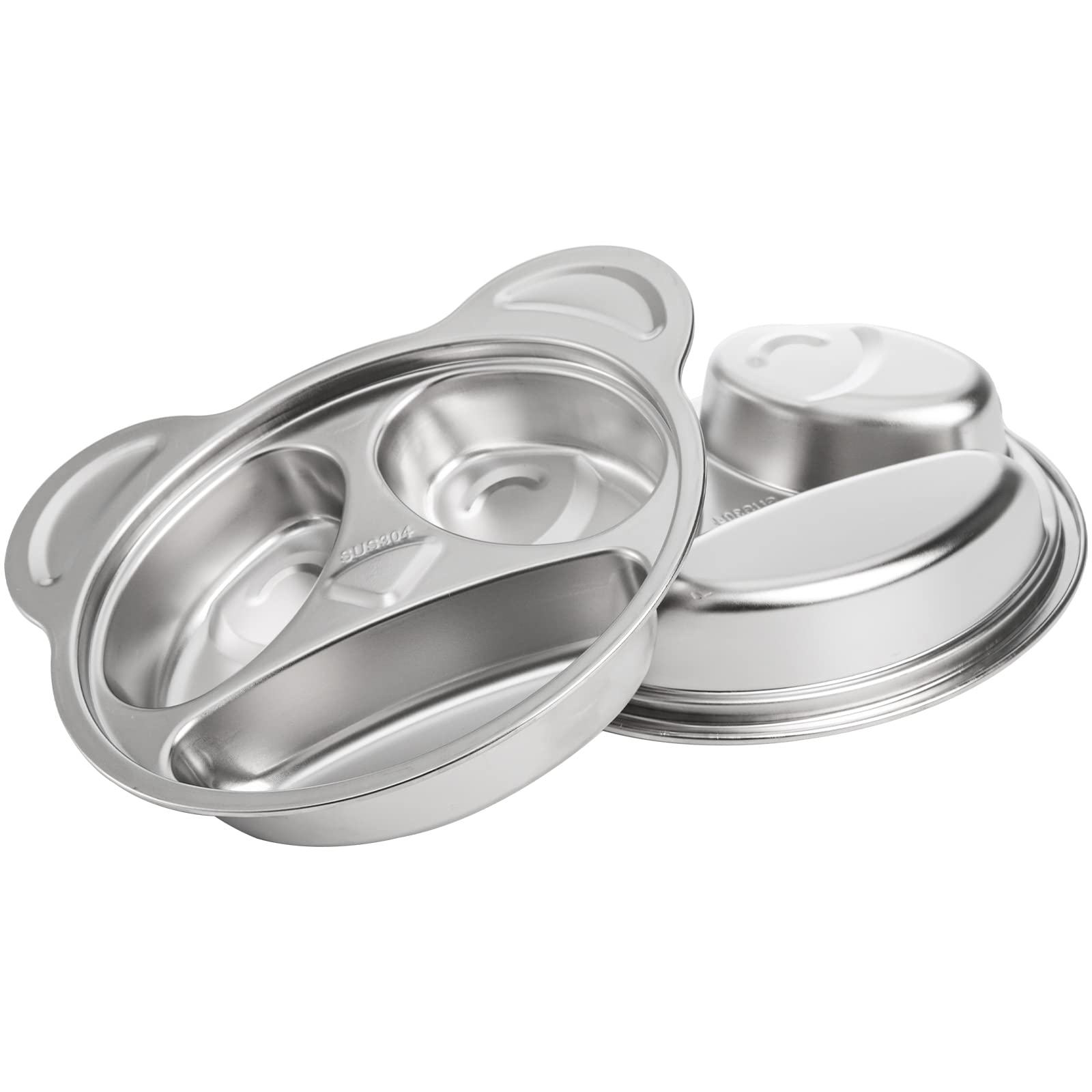 Lyellfe Set of 4 Stainless Steel Divided Plates, 3 Sections Unbreakable Dinner Plates, Cute Panda Shape Divided Plates for Picky Eaters, Lunch, Camping