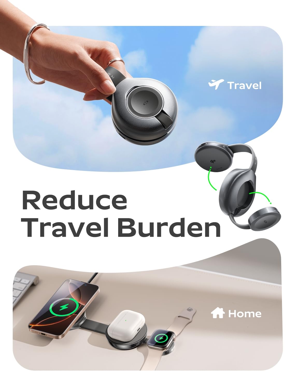 LISEN 25W QI2 Magsafe Charger Stand Cube, 3 in 1 Charging Station Apple, MagGo Travel Charger for Multiple Devices for iPhone AirPods Apple Watch (30W Charger Included) (Black)