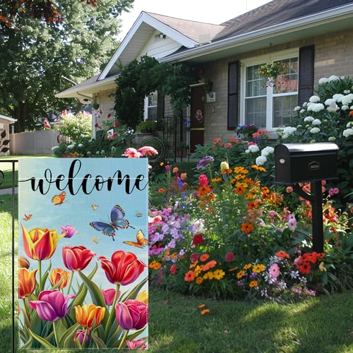 Welcome Garden Flags, Butterfly Tulip Garden Flag, 12x18 Inch Vertical Double Sided Burlap, Summer Porch Garden Flag, Outdoor Yard House Decor (Only Garden Flag)