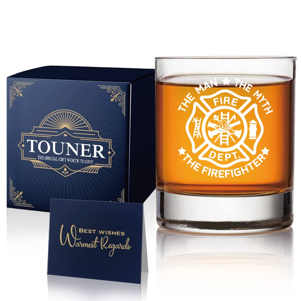 TOUNER The Man The Myth Whiskey Glasses, Firefighter Whiskey Glass, Fireman Whiskey Glass Gift, Firefighter Present For Retirement, Graduation, Birthday