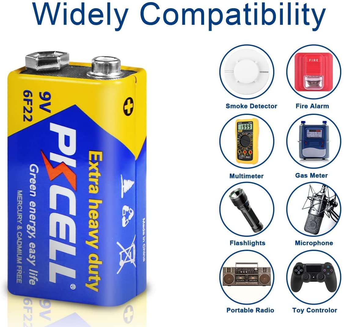 PKCELL 9V Battery Carbon Zinc for Smoke Detectors 6F22 Battery, 10-Year Shelf Life,Ultra Long-Lasting(4 Count)