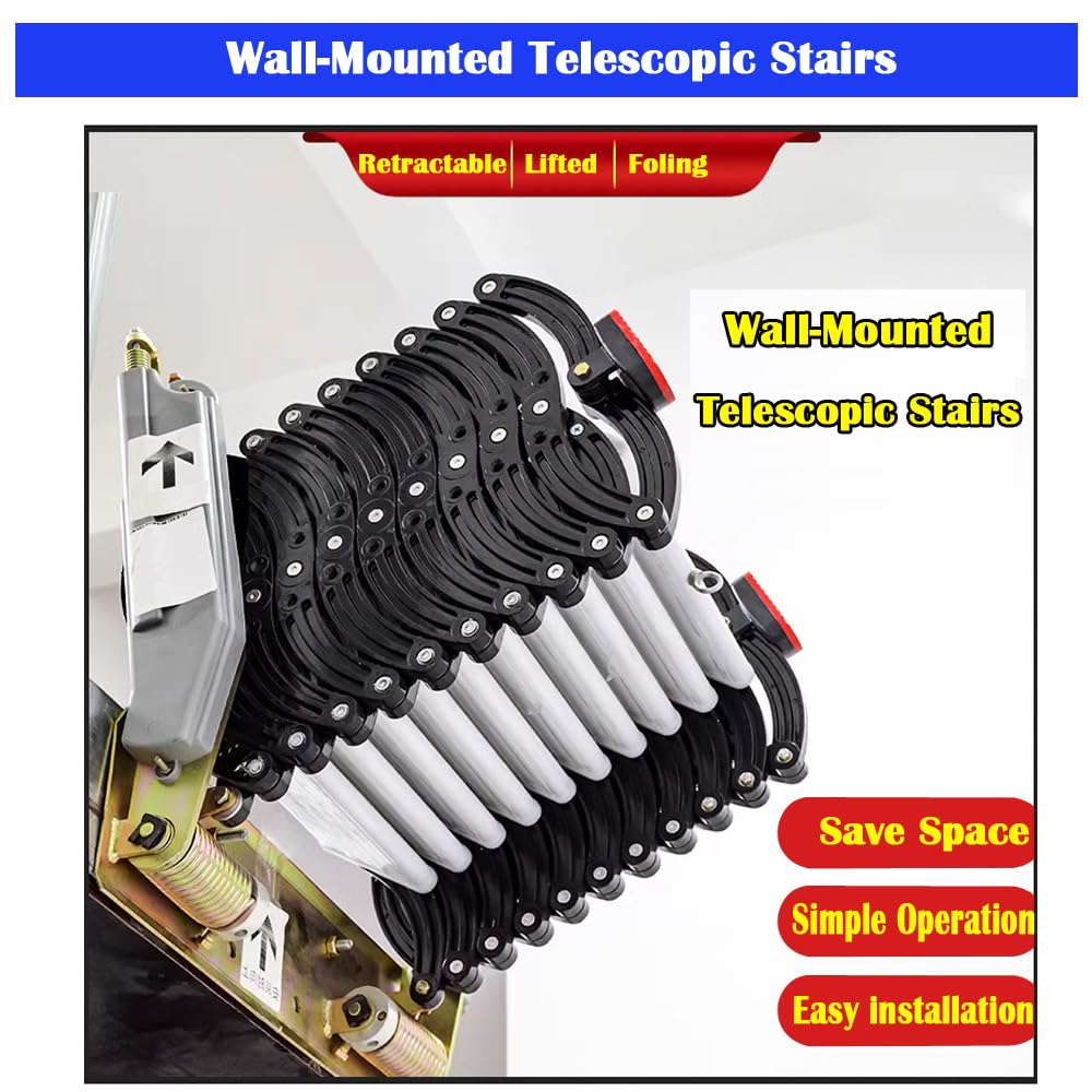 Black Folding Ladder Extension Loft Stairs Narrow Wall-Mounted Attic Loft Stairs Attic Stairs 8.2-9.8ft Vertical Height Pulldown Wall Telescopic Fold Ladder 21.2x5.5in Size, 10+2=12 Steps