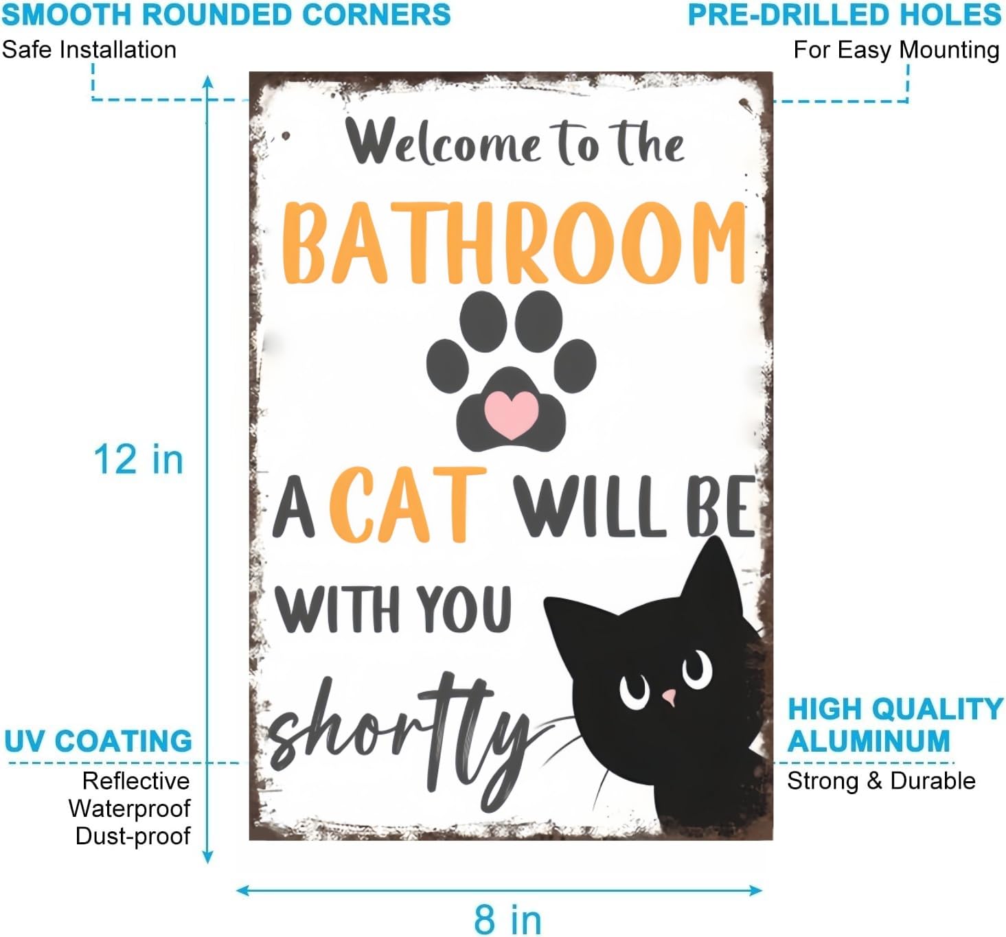 Carastora Vintage Tin Metal Sign - Funny Bathroom Black and White Cat Wall Art for Bathroom or Toilet for Home or Office, 12x8 Inch