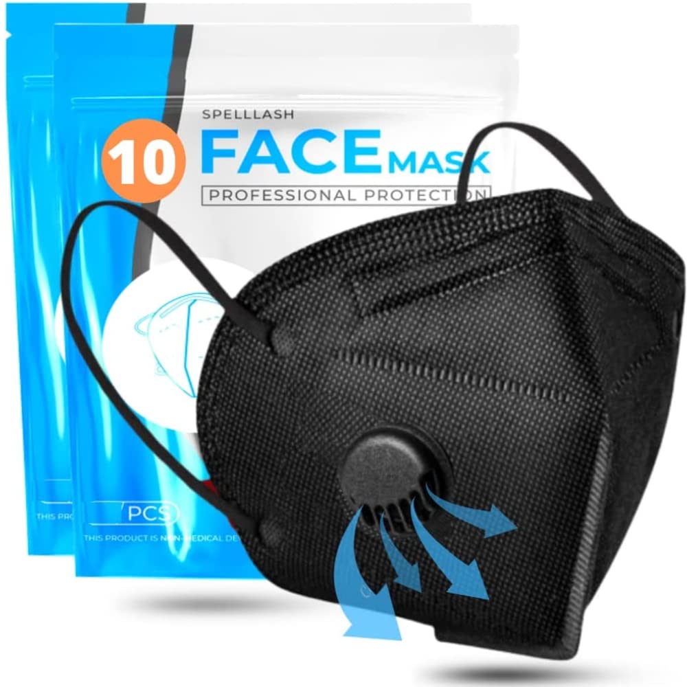 Face mask black disposable with breathing-valve 10 pack | black face masks for men and woman 5 layer | disposable face mask for protection | breathable sport face mask lightweight comfortable on skin