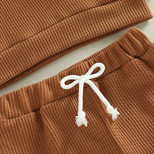 Toddler Baby Girl Boy Fall Winter Waffle Outfit Set Letter Printed Long Sleeve Sweatshirt Tops + Pants (Merry and Bright, 12-18 Months)