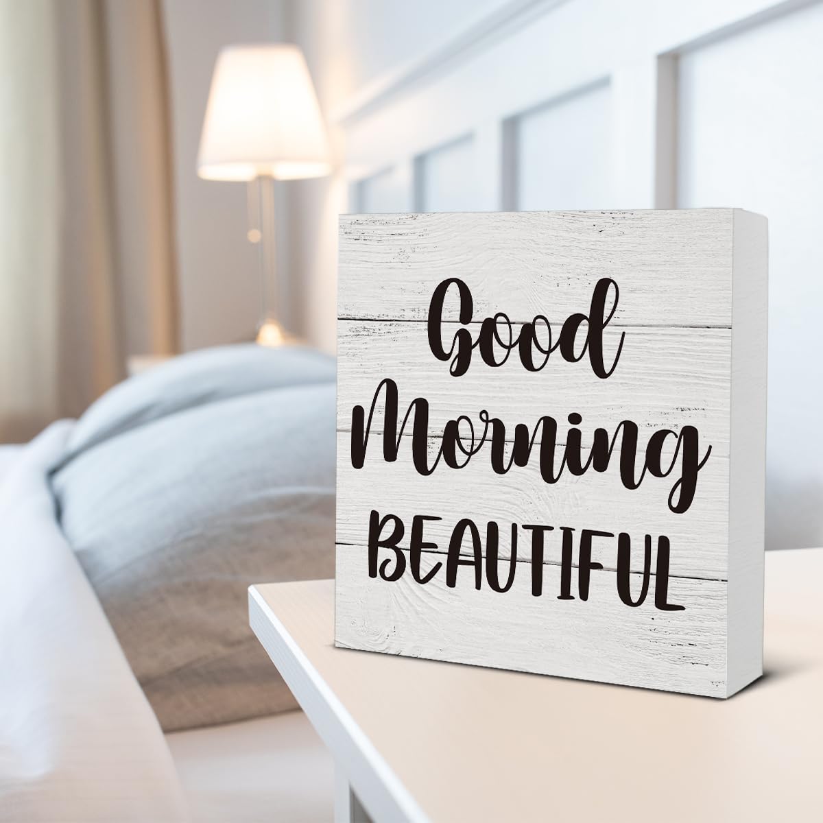 Good Morning Beautiful Wooden Box Sign Desk Decor Wood Box Sign for Home Bedroom Bathroom Shelf Table Decoration 5 X 5 Inch