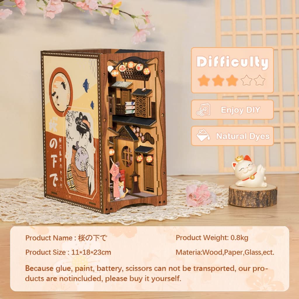 CUTEBEE Book Nook Kit - DIY Miniature House Dollhouse Kit for Adult and Teens, Booknook Bookshelf Decor Alley Model Build with LED Light, Gifts for Family and Friends (Under The Sakura Tree)