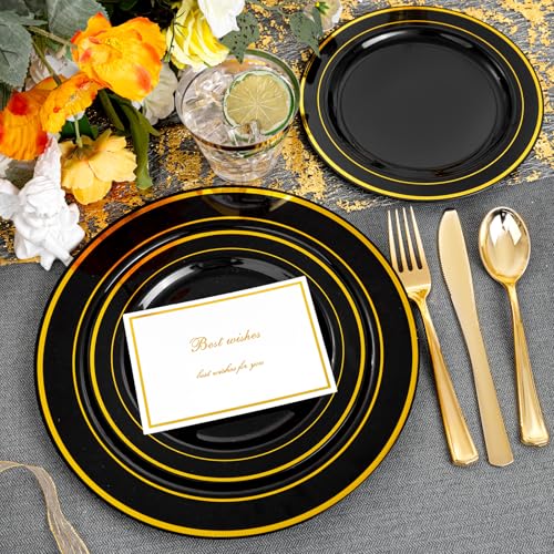 bUCLA 150 Pieces Black and Gold Disposable Dinnerware Set - 25 Guests Black Gold Plastic Plates Include 25 Dinner & 25 Dessert Plates, 25 Spoons, 25 Forks, 25 Knives, 25 Cups for Party