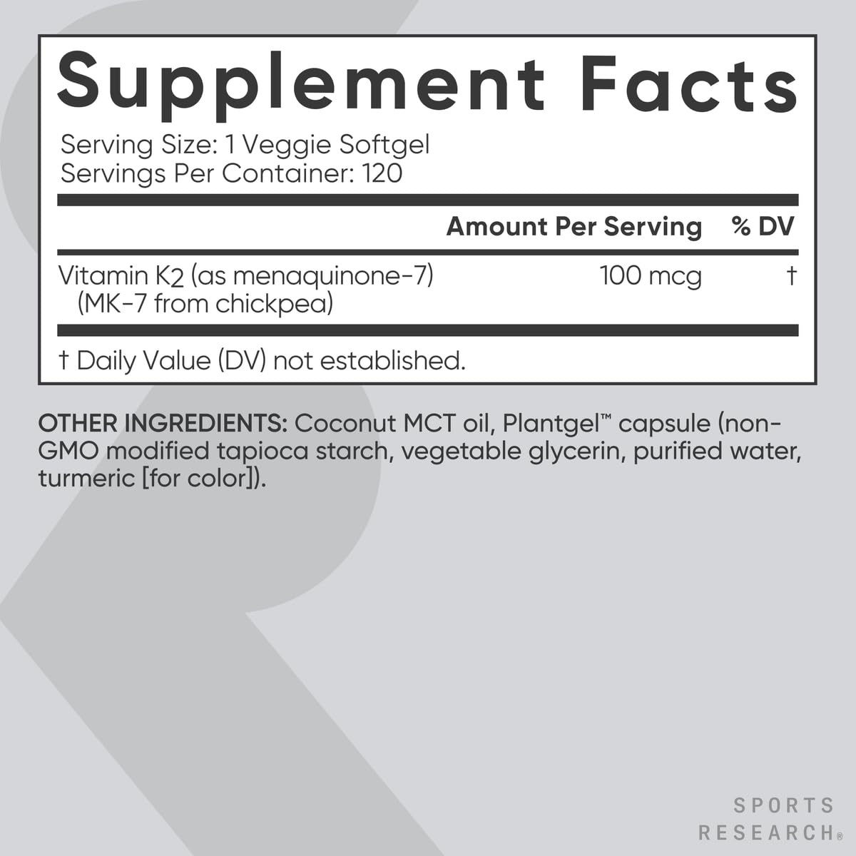 Sports Research Vitamin K2 as MK-7 100mcg with Coconut MCT Oil - 120 Veggie Softgels (4 Month Supply) Vegan Certified, Non-GMO Verified, Gluten & Soy Free