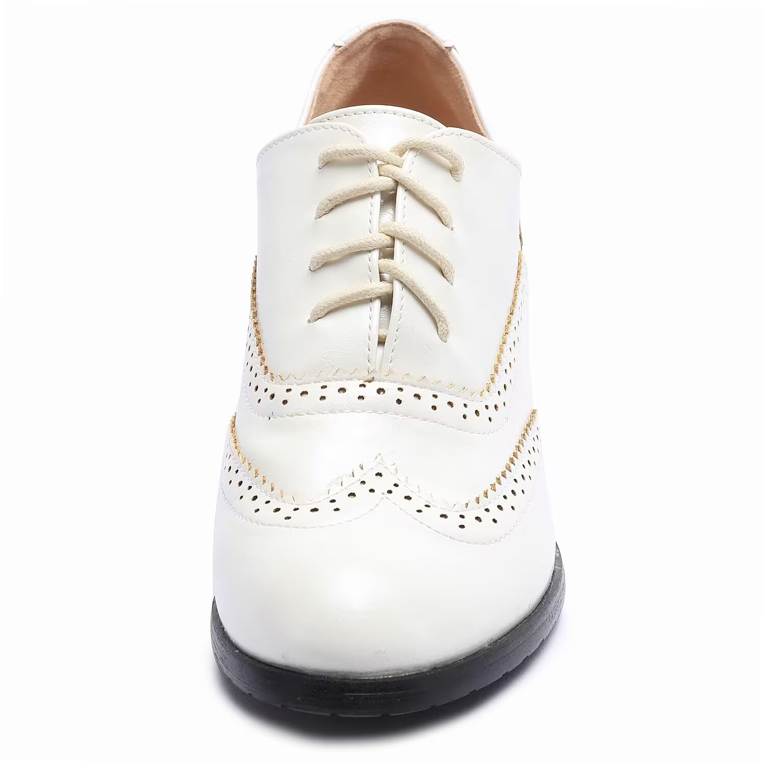 Odema Women's Lace-Up Chunky Oxfords Classic Mid-Heel Formal Dress Shoes T-Strap Heels for Women Beige