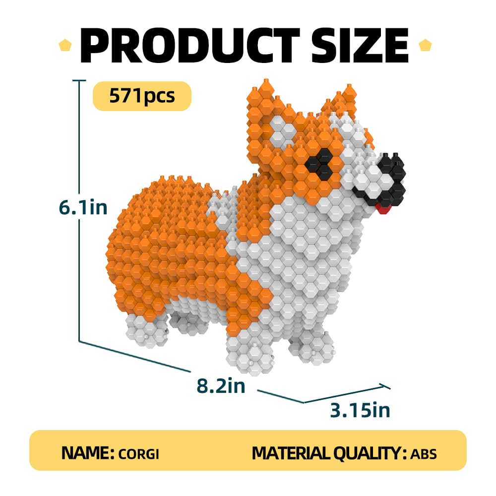 KADELE Cute Dog Building Animal Sets, Extremely Challenging STEM Building Blocks Decor for Adults Kids, Micro 3D Educational Toys for Boys Girls Ages 8 and Up,Corgi