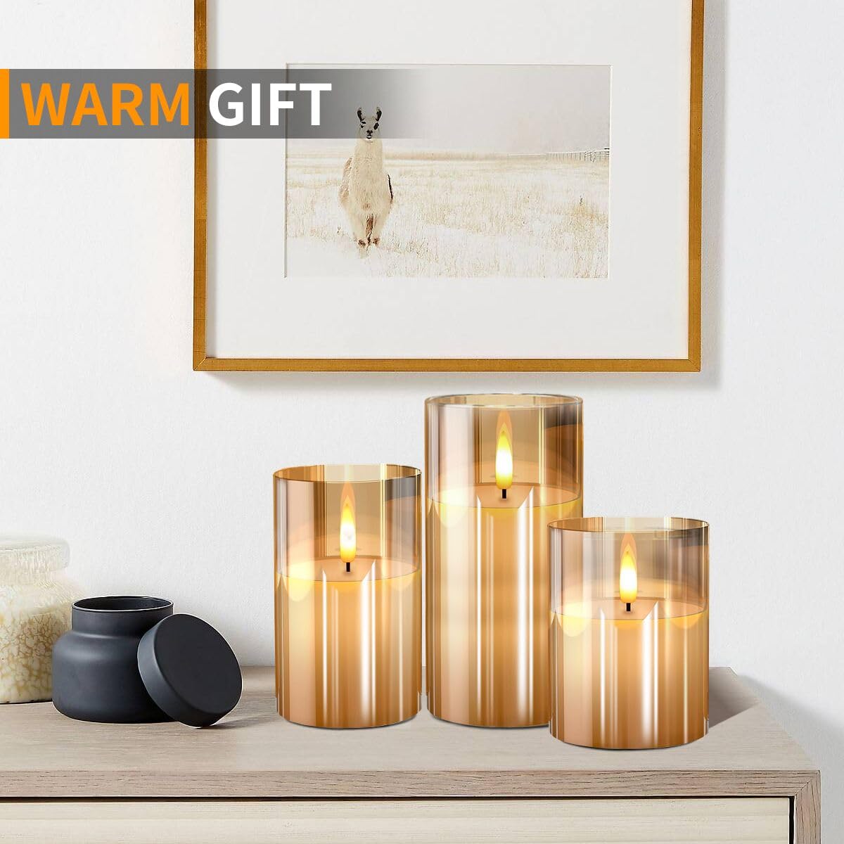 Gold Glass Flameless Candles Flickering with Remote, Timer, Battery Operated Moving Wick Realistic Warm Light Real Wax LED Candles for Party, Wedding, Festival Tabletop Decoration - Set of 3